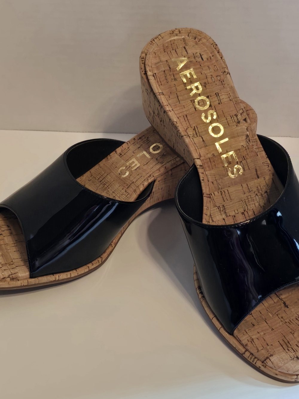 Aerosoles Black Patent Cork Slide Sandals New - Year